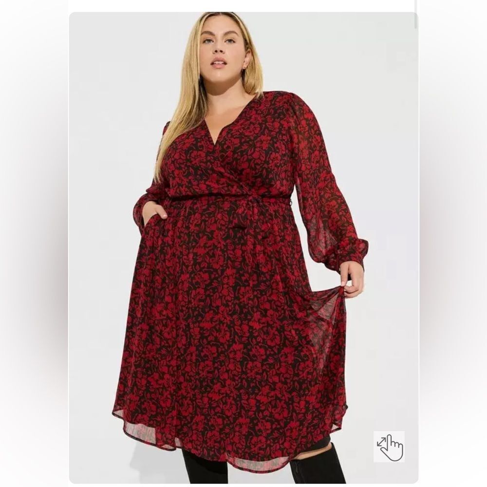Torrid Midi Crinkle Chiffon Surplice Balloon Sleeve Dress